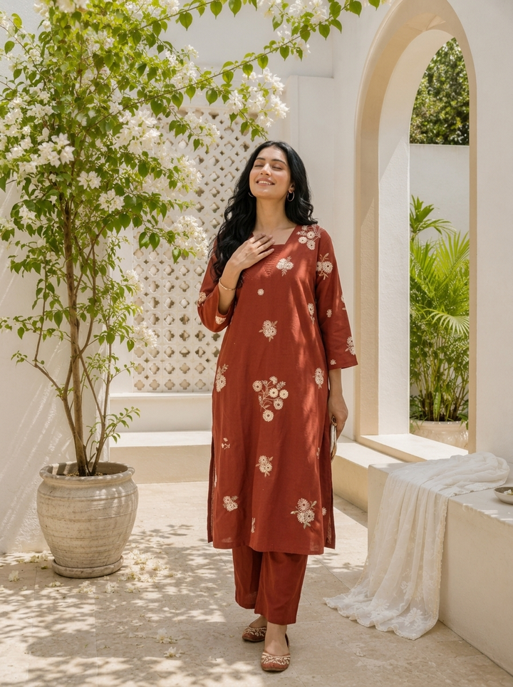 Maroon Cotton Floral Butta Embroidered Two Piece Set