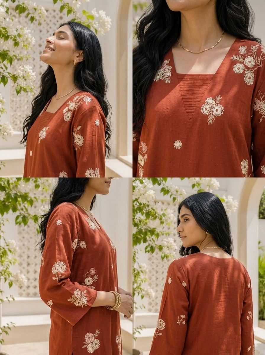 Maroon Cotton Floral Butta Embroidered Two Piece Set