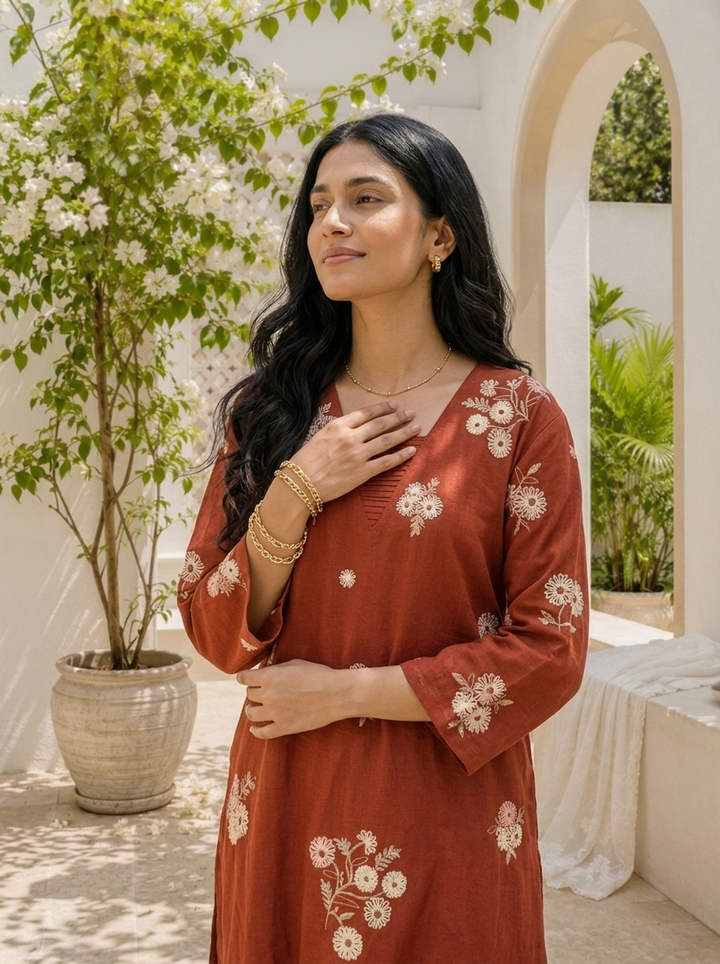 Maroon Cotton Floral Butta Embroidered Two Piece Set