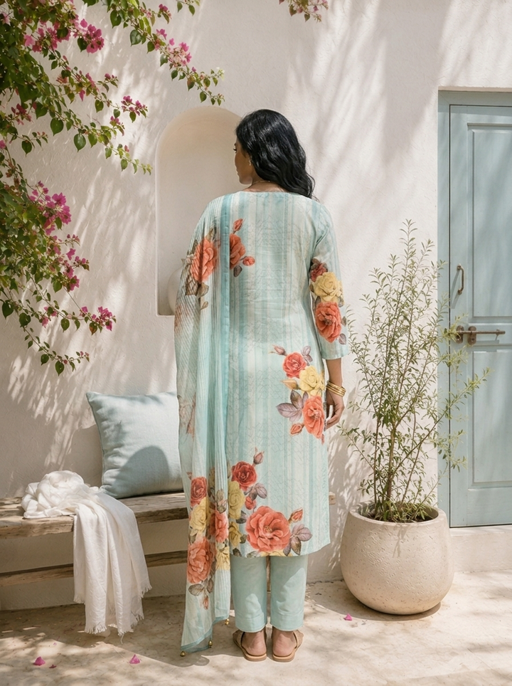 Sky Blue Linen Stripe With Floral Printed Three Piece Set