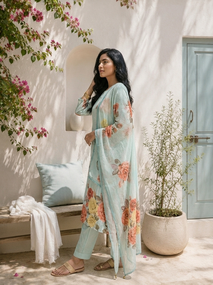 Sky Blue Linen Stripe With Floral Printed Three Piece Set