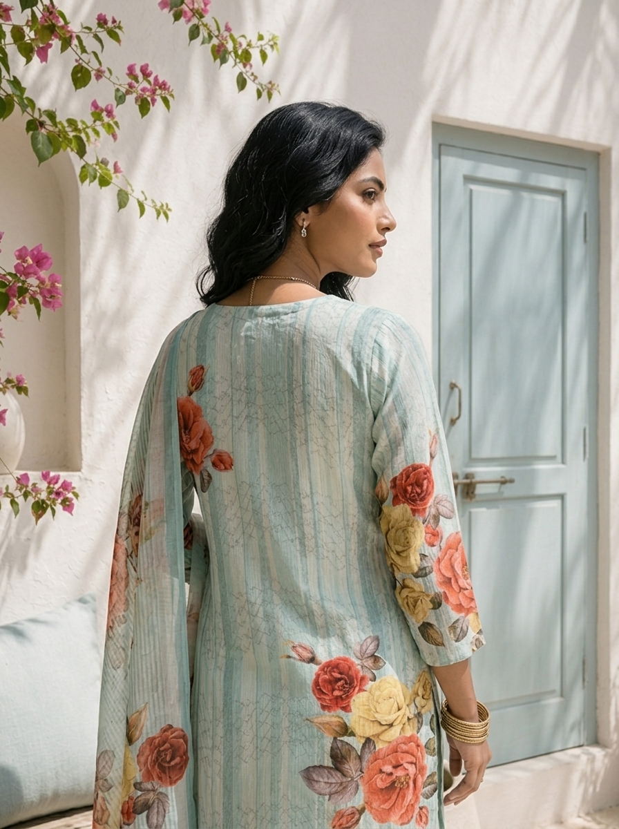 Sky Blue Linen Stripe With Floral Printed Three Piece Set