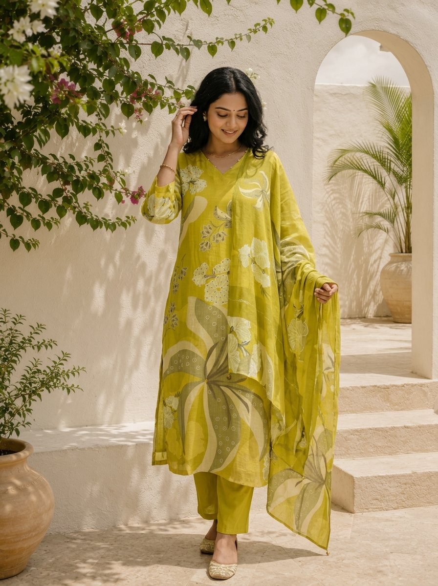 Lime Green Linen Floral With Sequence Printed Three Piece Set