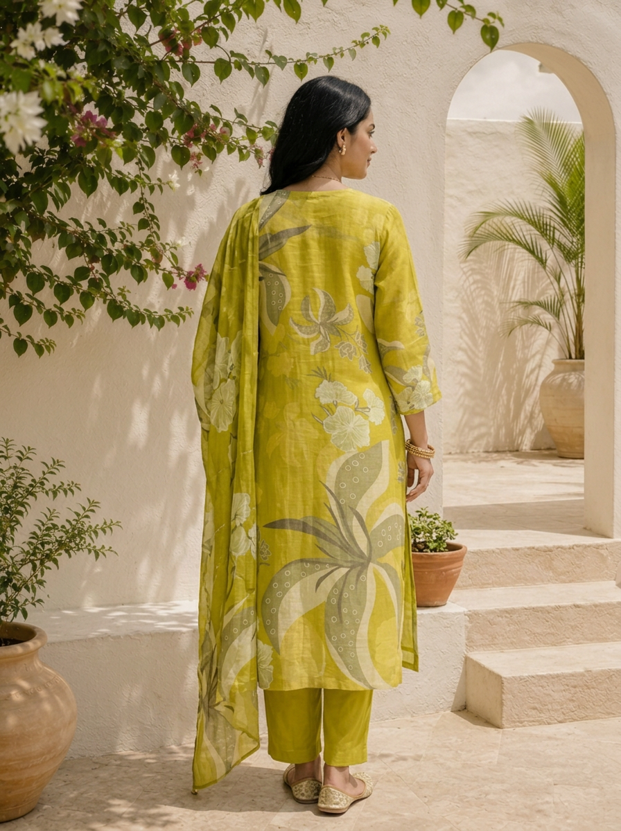 Lime Green Linen Floral With Sequence Printed Three Piece Set