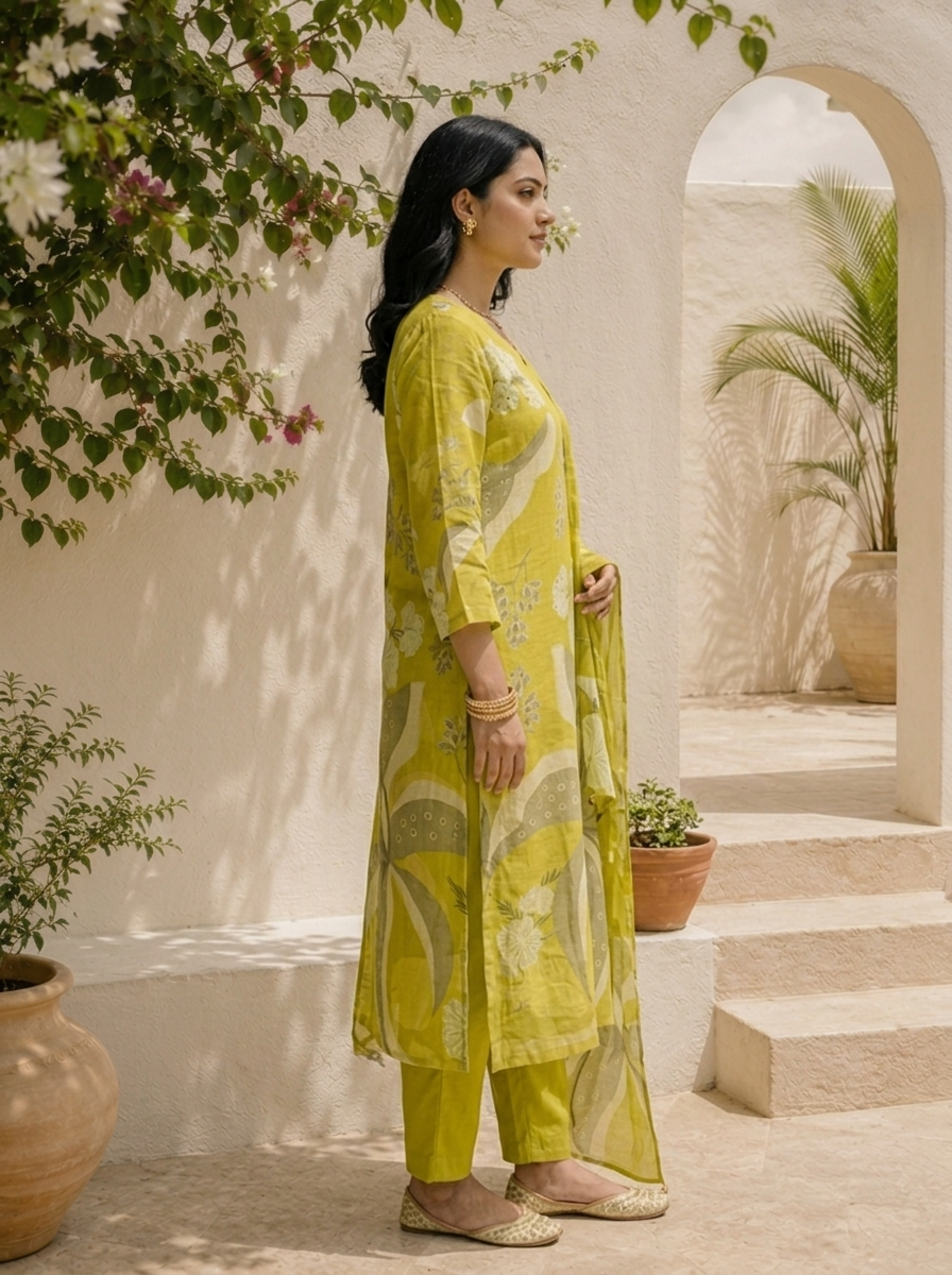 Lime Green Linen Floral With Sequence Printed Three Piece Set