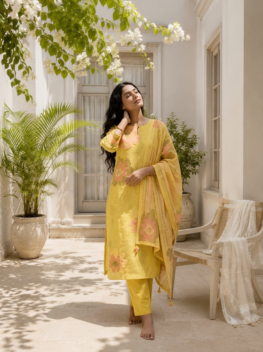 Lemon Linen Watercolor Floral Printed Three Piece Set