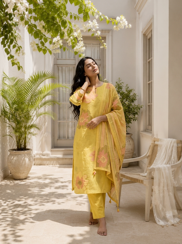 Lemon Linen Watercolor Floral Printed Three Piece Set