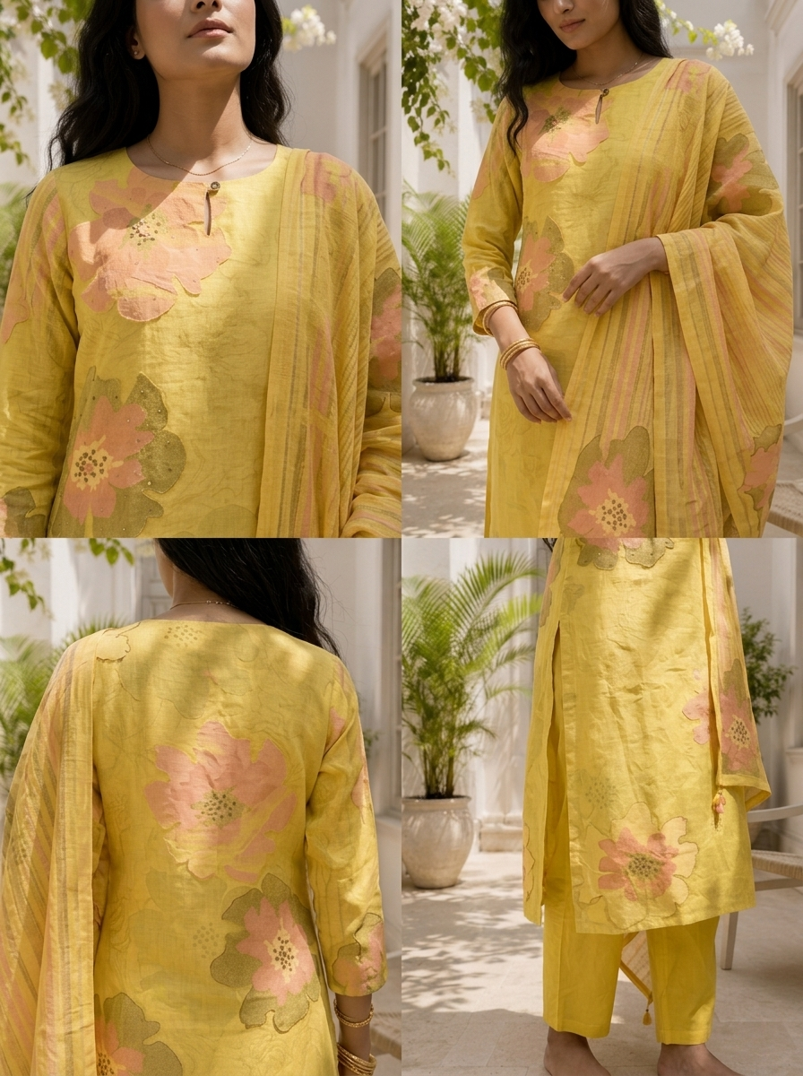 Lemon Linen Watercolor Floral Printed Three Piece Set