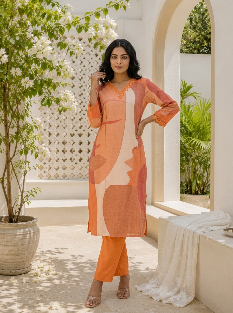 Orange Linen Abstract Face Art Printed Two Piece Set