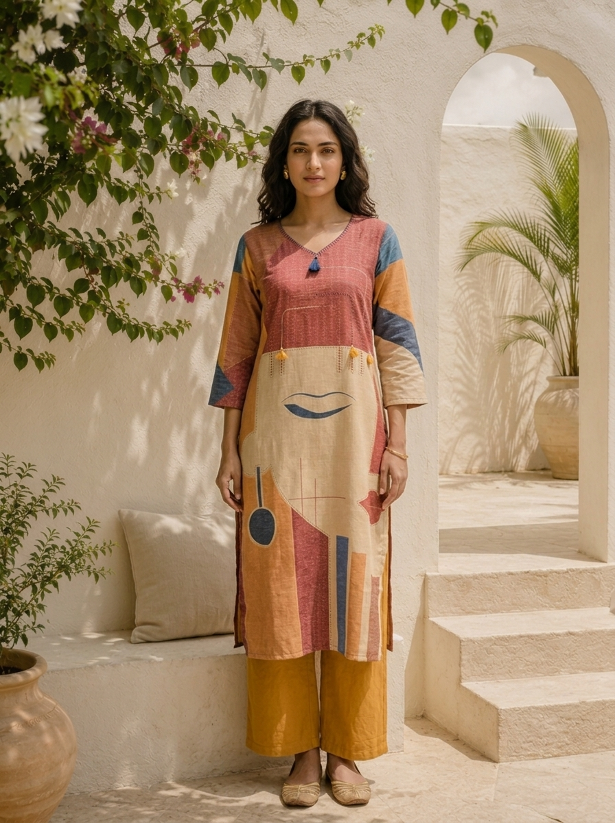 Beige Linen Abstract Geometric And Art Printed Two Piece Set