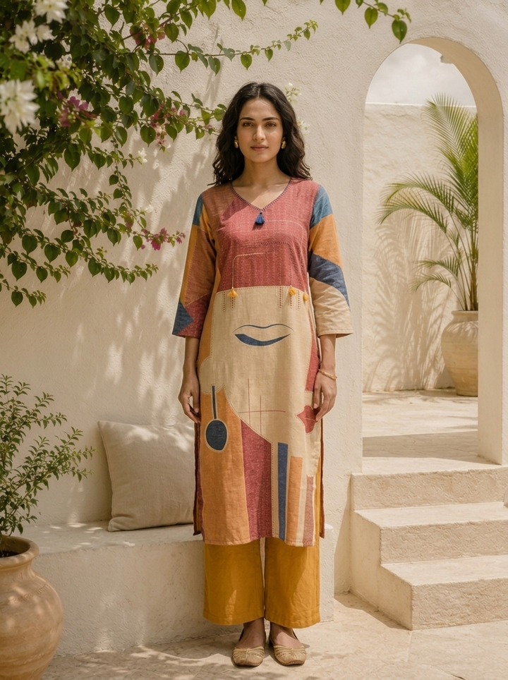 Beige Linen Abstract Geometric And Art Printed Two Piece Set