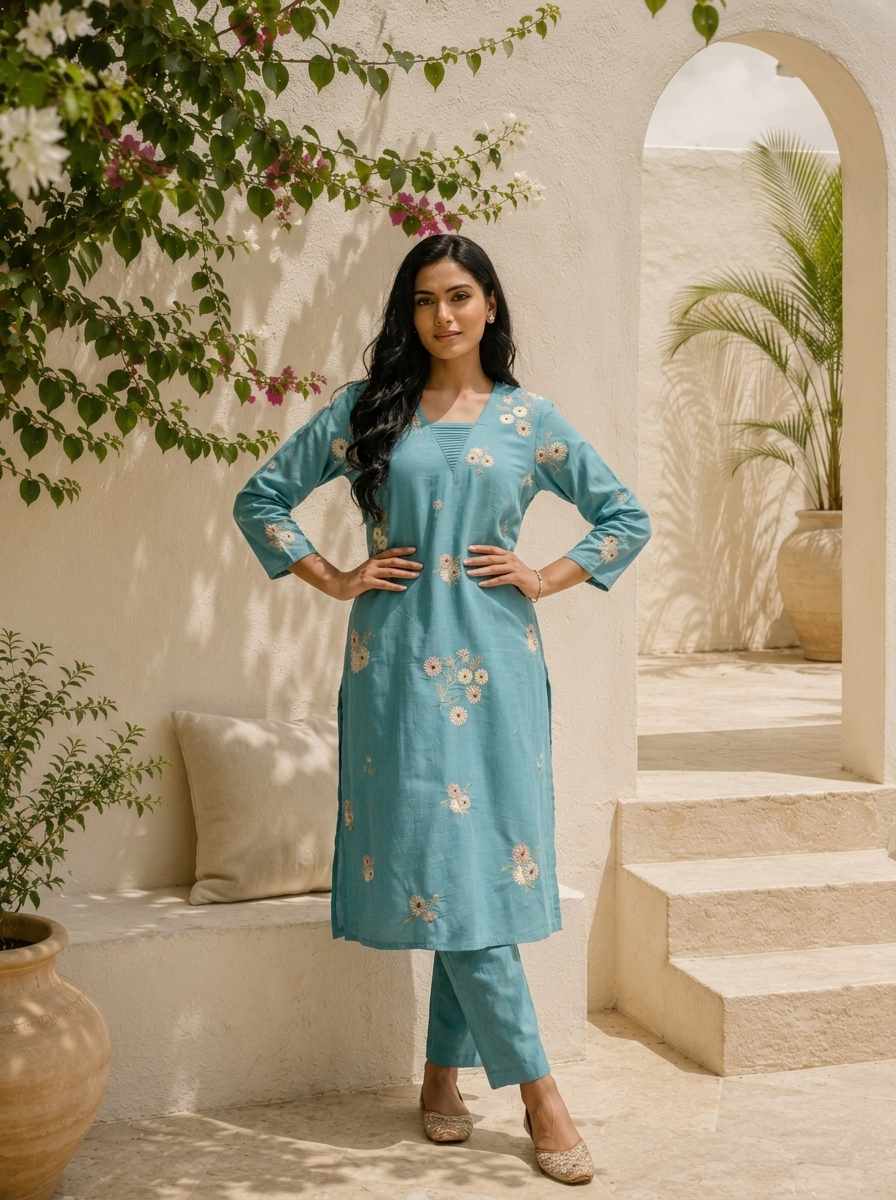Aqua Cotton Floral Butta Embroidered Two Piece Set
