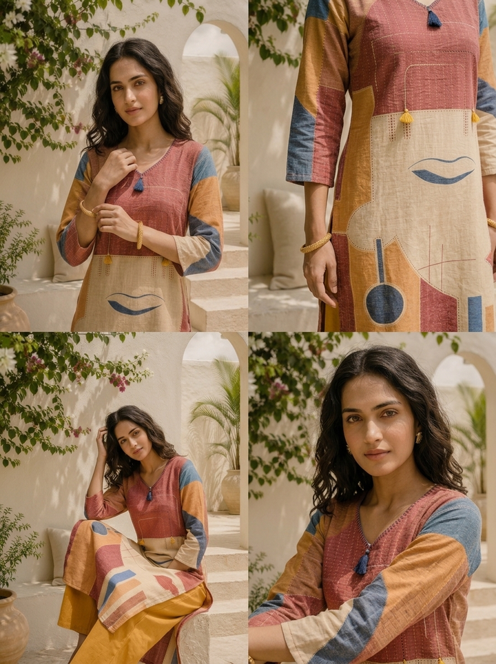 Beige Linen Abstract Geometric And Art Printed Two Piece Set