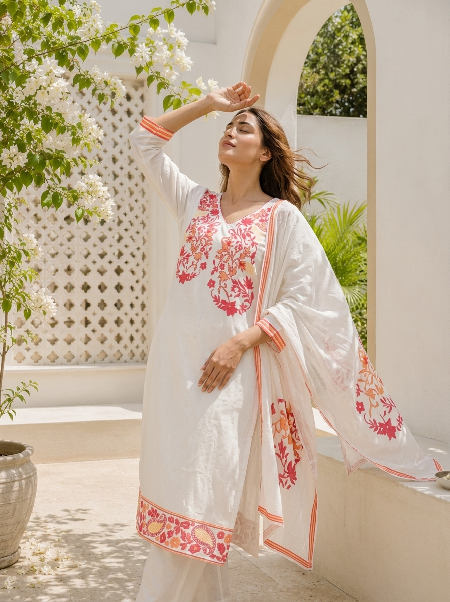 White Cotton Floral Yoke Printed Three Piece Set