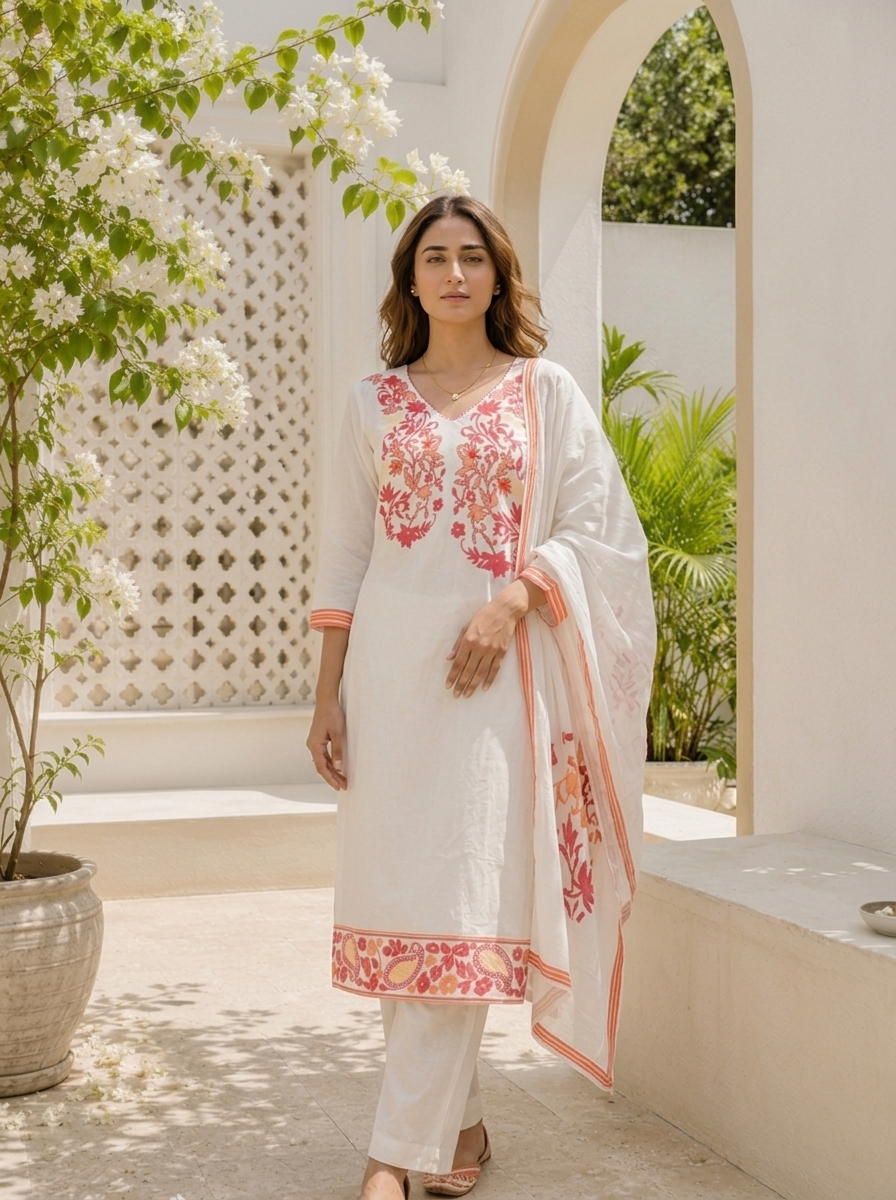 White Cotton Floral Yoke Printed Three Piece Set