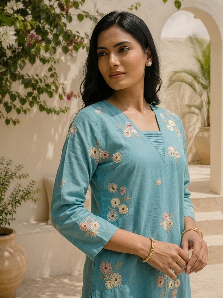 Aqua Cotton Floral Butta Embroidered Two Piece Set