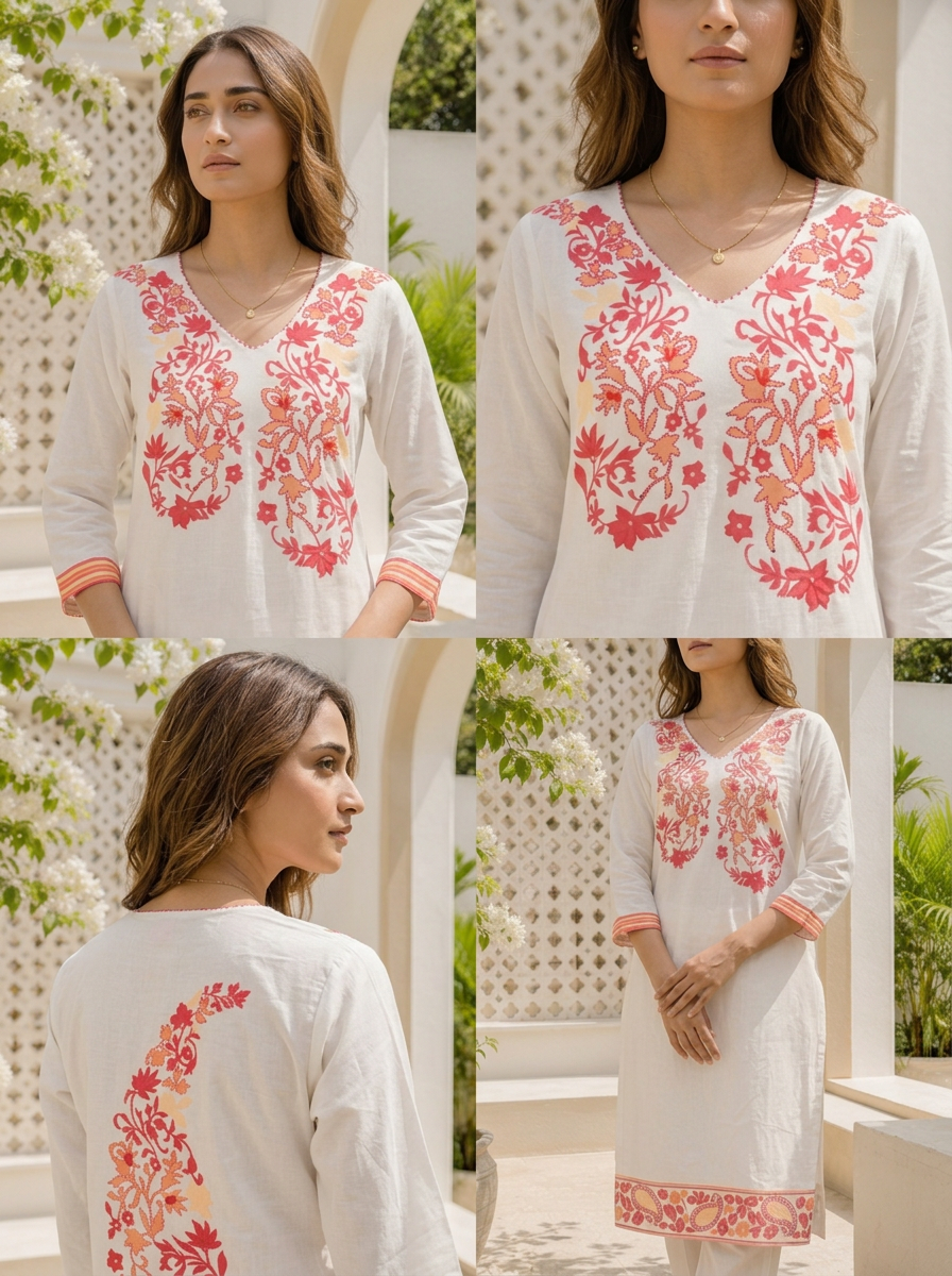 White Cotton Floral Yoke Printed Three Piece Set