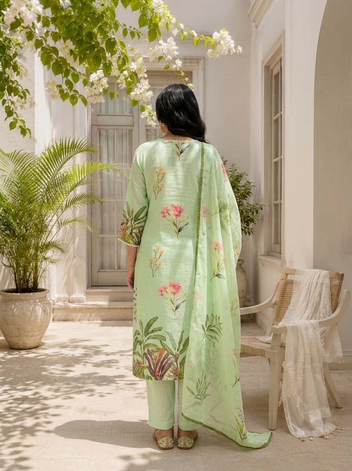 Pista Linen Botanical Printed Three Piece Set
