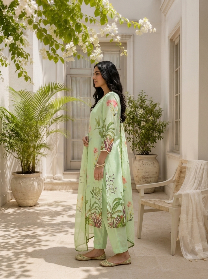 Pista Linen Botanical Printed Three Piece Set