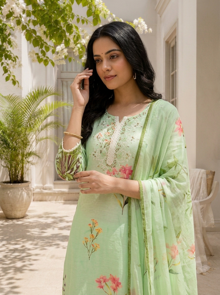 Pista Linen Botanical Printed Three Piece Set
