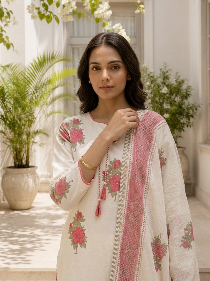 Maroon Cotton Floral Block Motifs Printed Three Piece Set