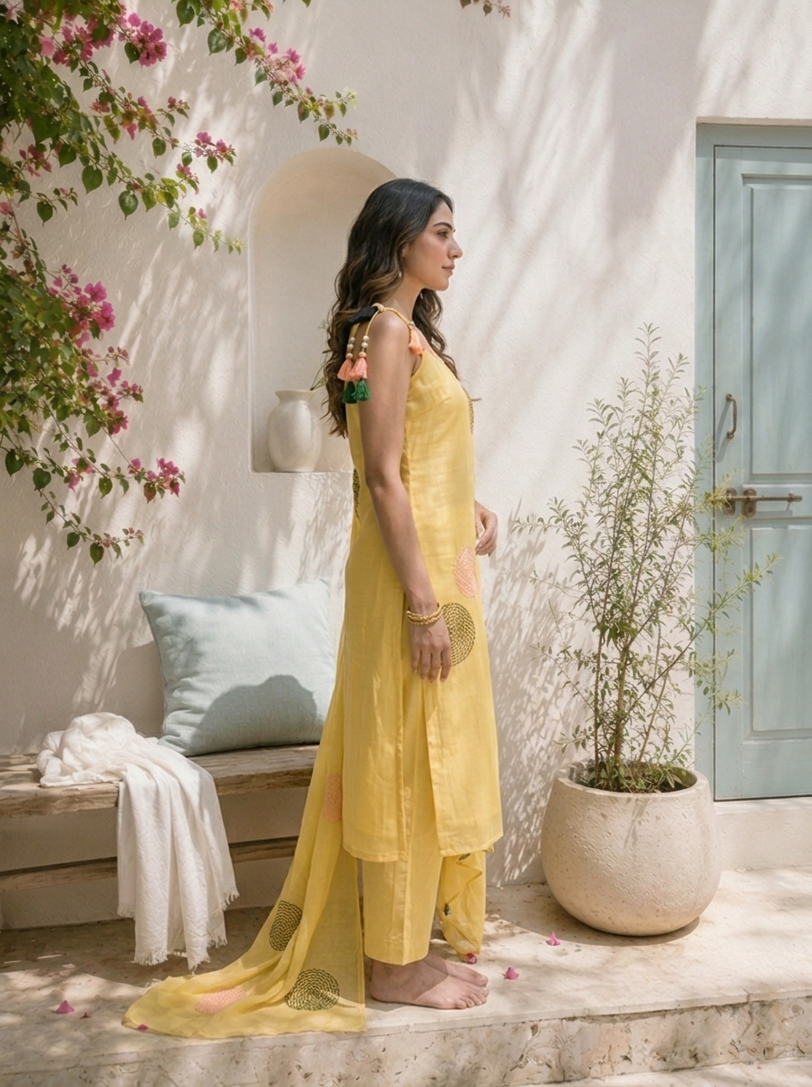 Yellow Chanderi Geometric Circle Motifs Embroidered Three Piece Set