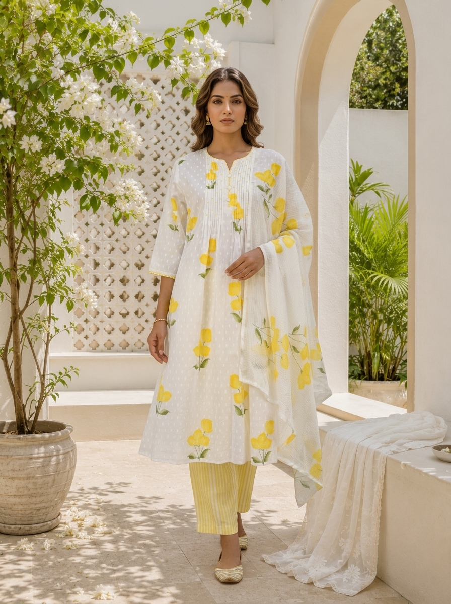 Yellow Cotton Tulip Floral Printed Three Piece Set