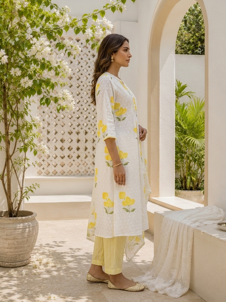 Yellow Cotton Tulip Floral Printed Three Piece Set