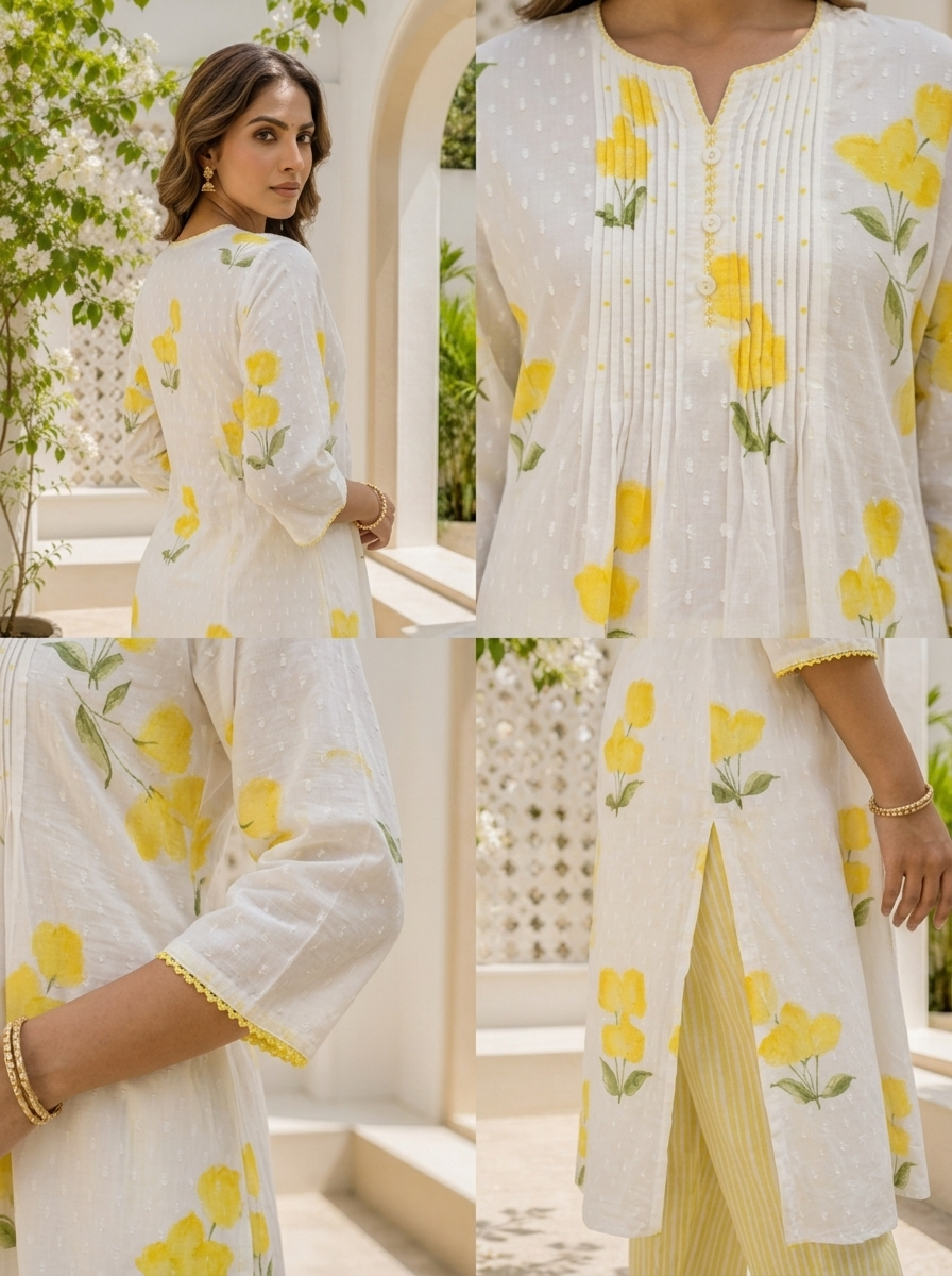 Yellow Cotton Tulip Floral Printed Three Piece Set