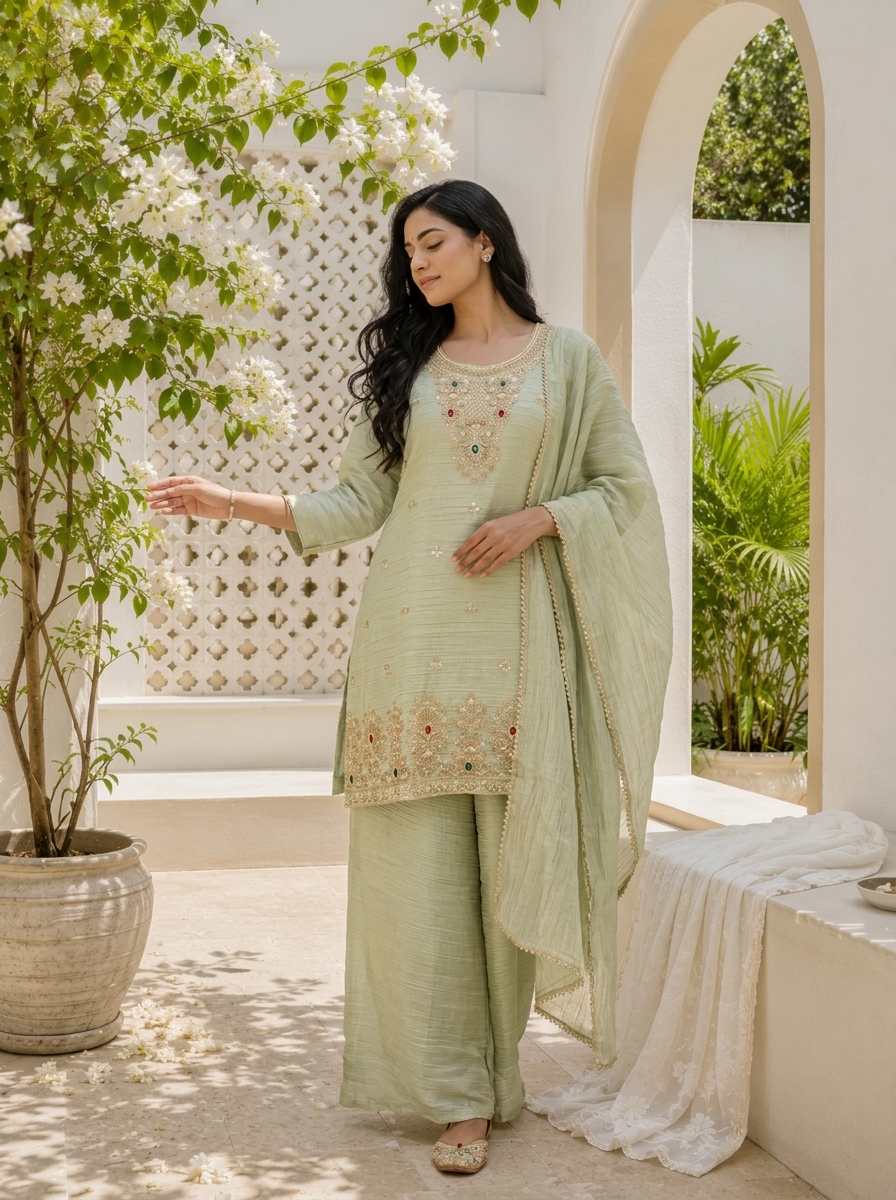 Pista Green Tissue Stone Embroidered Three Piece Set