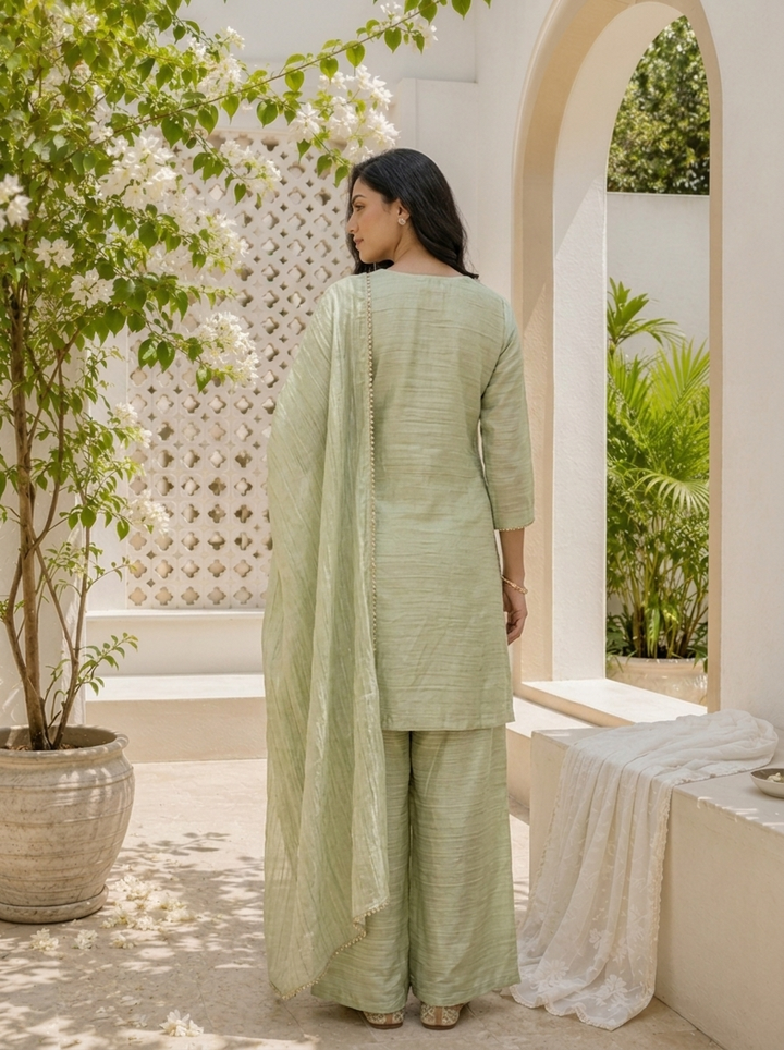 Pista Green Tissue Stone Embroidered Three Piece Set