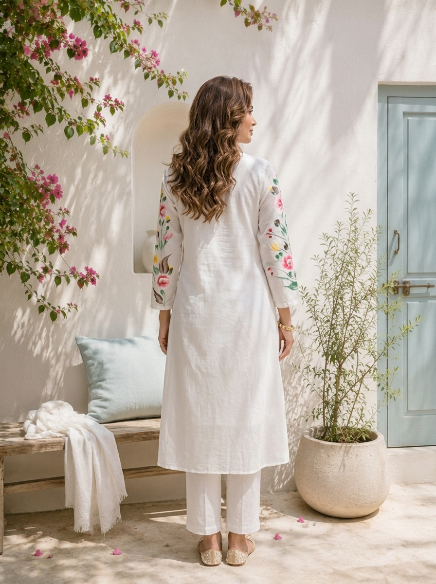 White Cotton Hand-Painted Floral Printed Three Piece Set