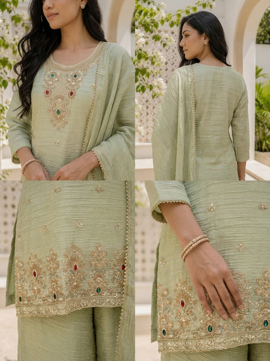 Pista Green Tissue Stone Embroidered Three Piece Set