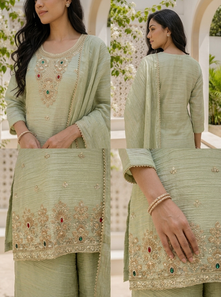 Pista Green Tissue Stone Embroidered Three Piece Set