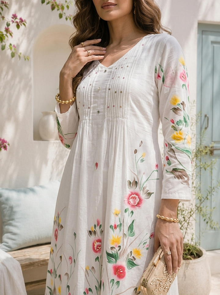 White Cotton Hand-Painted Floral Printed Three Piece Set