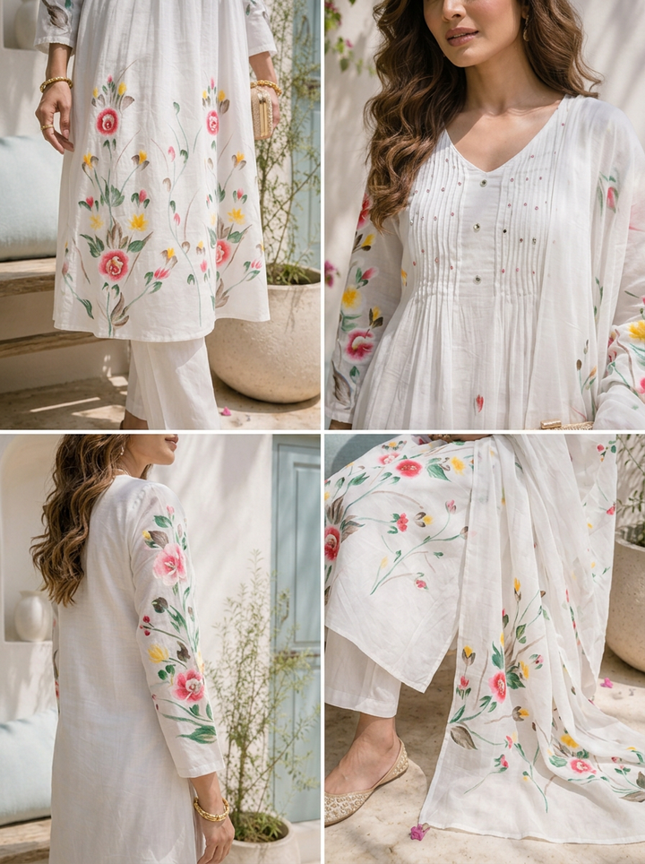 White Cotton Hand-Painted Floral Printed Three Piece Set