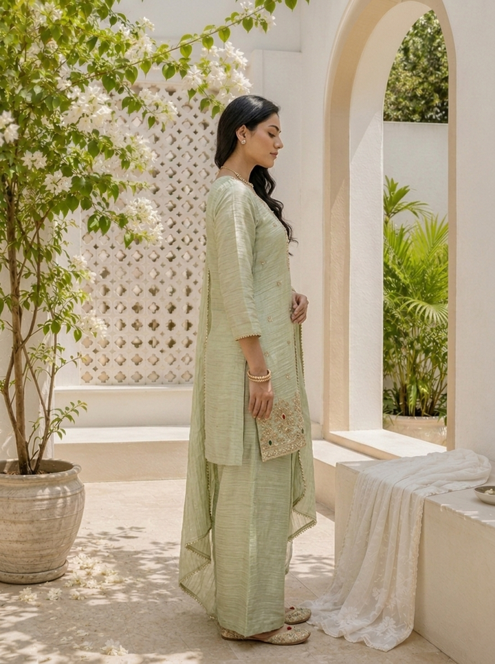 Pista Green Tissue Stone Embroidered Three Piece Set