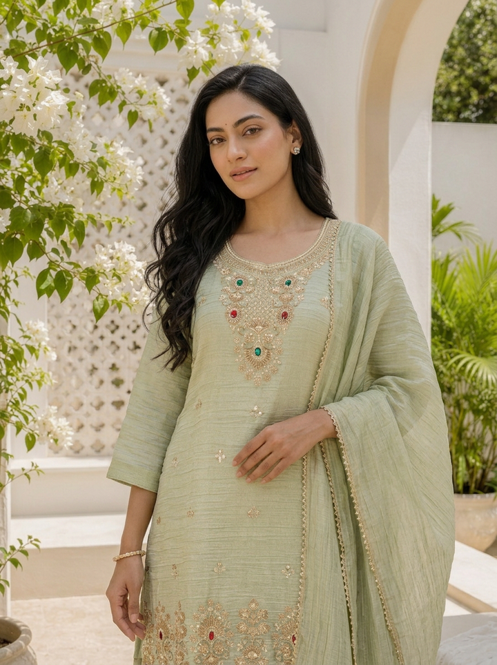 Pista Green Tissue Stone Embroidered Three Piece Set