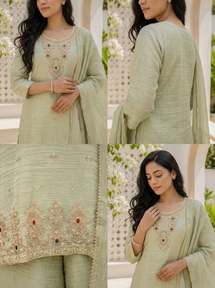 Pista Green Tissue Stone Embroidered Three Piece Set