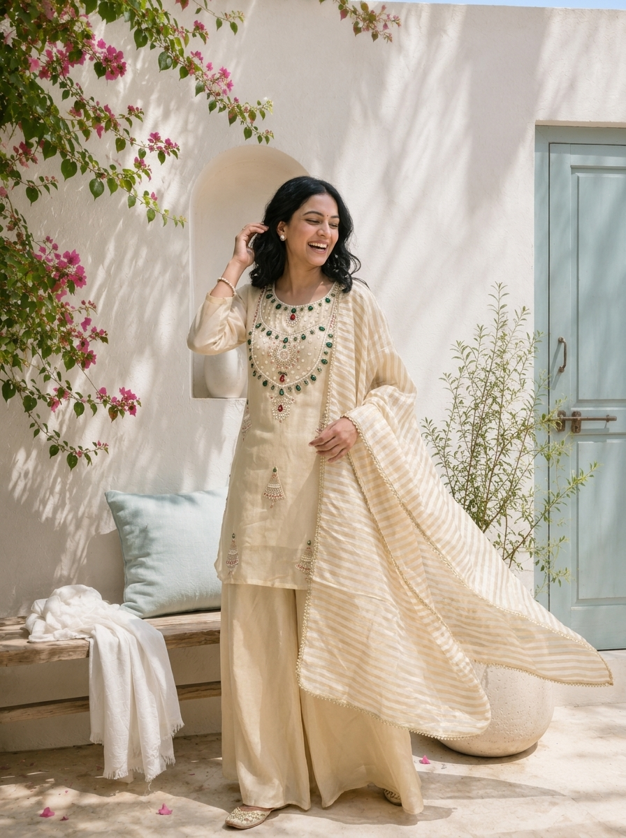 Cream Tissue Jhumka Motif Embroidered Three Piece Set