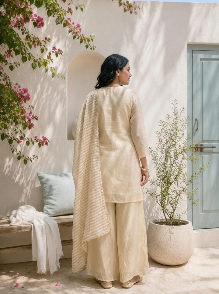 Cream Tissue Jhumka Motif Embroidered Three Piece Set