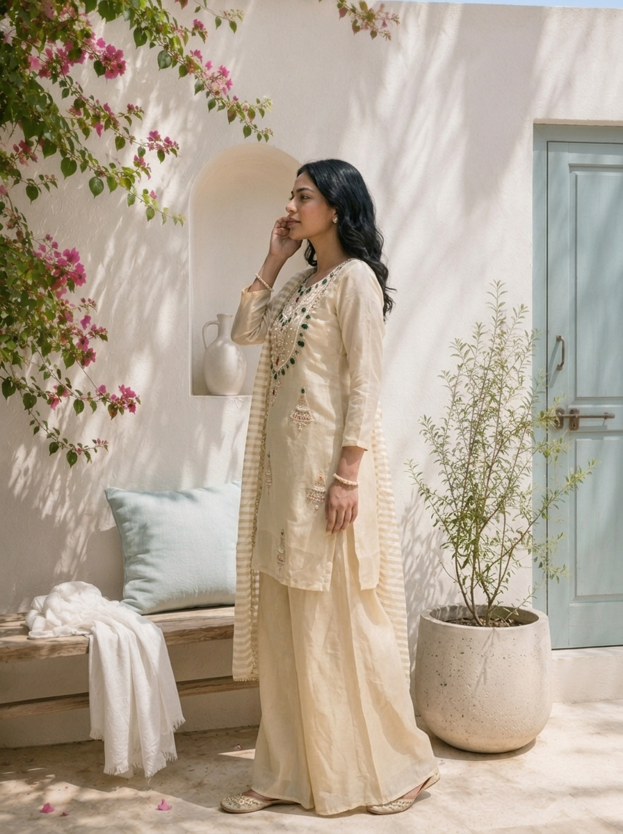 Cream Tissue Jhumka Motif Embroidered Three Piece Set