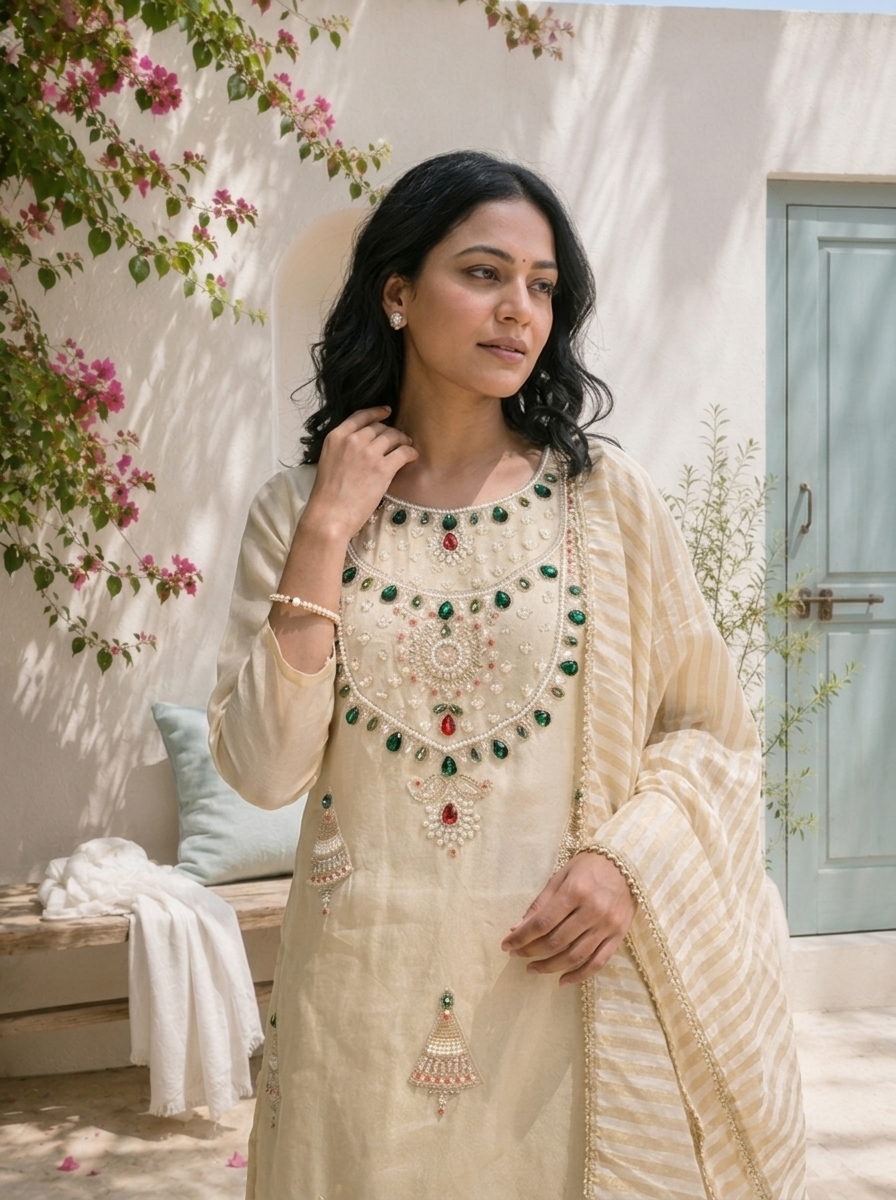 Cream Tissue Jhumka Motif Embroidered Three Piece Set