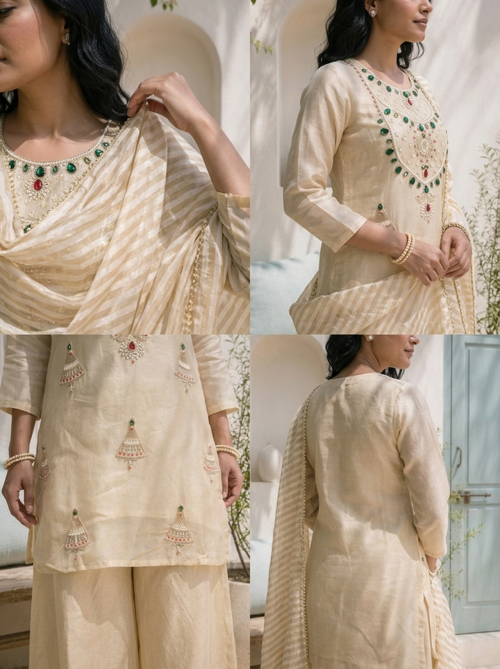 Cream Tissue Jhumka Motif Embroidered Three Piece Set