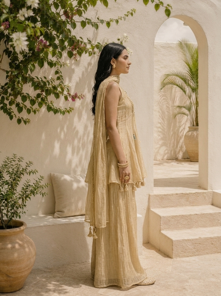 Beige Tissue Stone Embroidered Three Piece Set