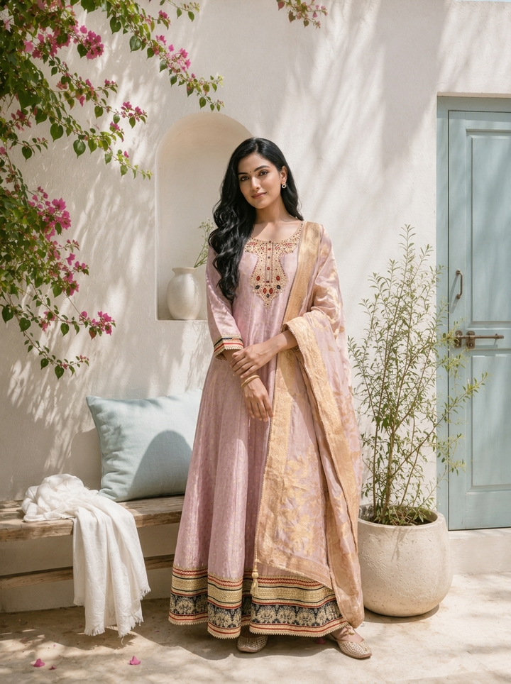 Lilac Tissue All-Over Butti Jacquard Weaved Anarkali With Dupatta