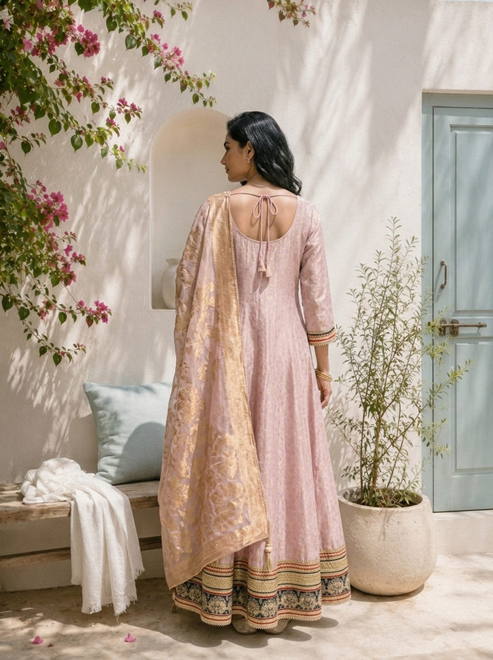 Lilac Tissue All-Over Butti Jacquard Weaved Anarkali With Dupatta