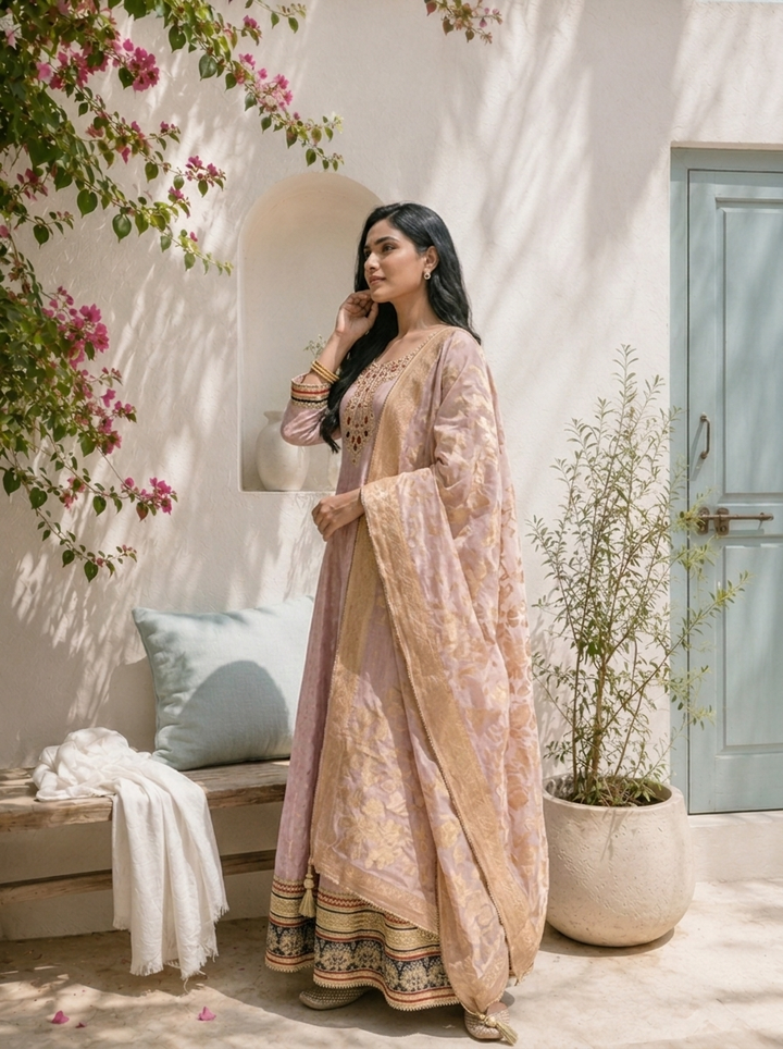 Lilac Tissue All-Over Butti Jacquard Weaved Anarkali With Dupatta