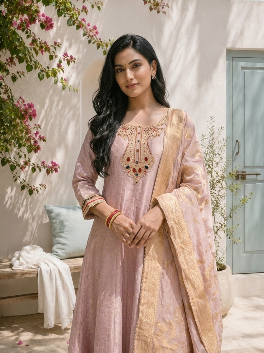 Lilac Tissue All-Over Butti Jacquard Weaved Anarkali With Dupatta