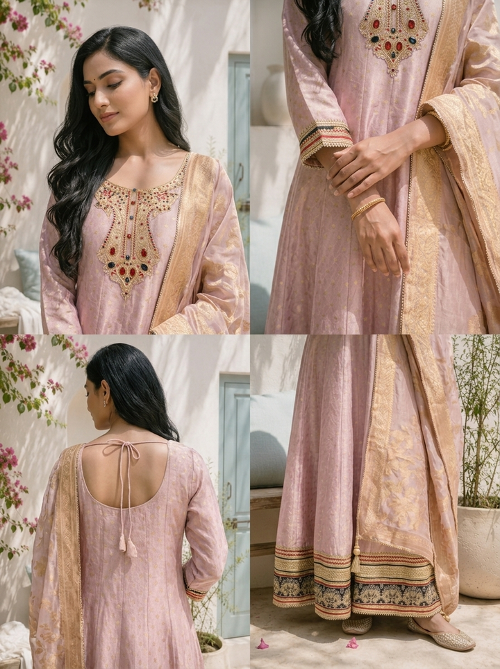 Lilac Tissue All-Over Butti Jacquard Weaved Anarkali With Dupatta
